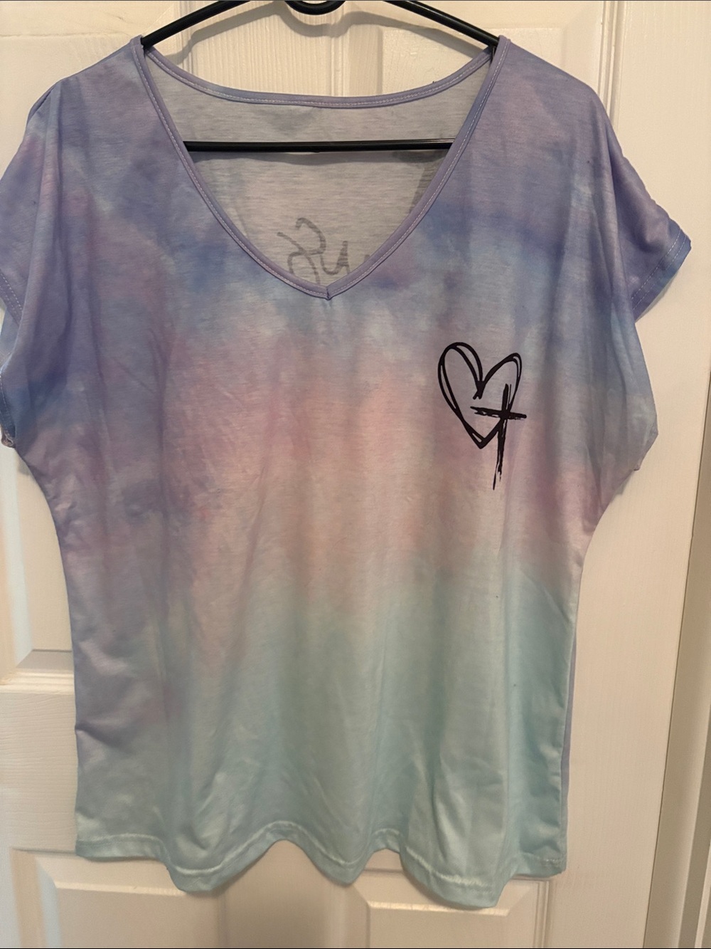 Tie-Dye Pastel V-Neck Tee with spiritual Heart Graphic